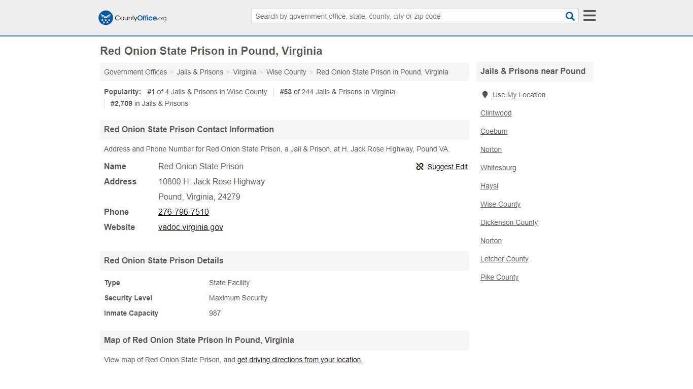 Red Onion State Prison - Pound, VA (Address and Phone) - County Office